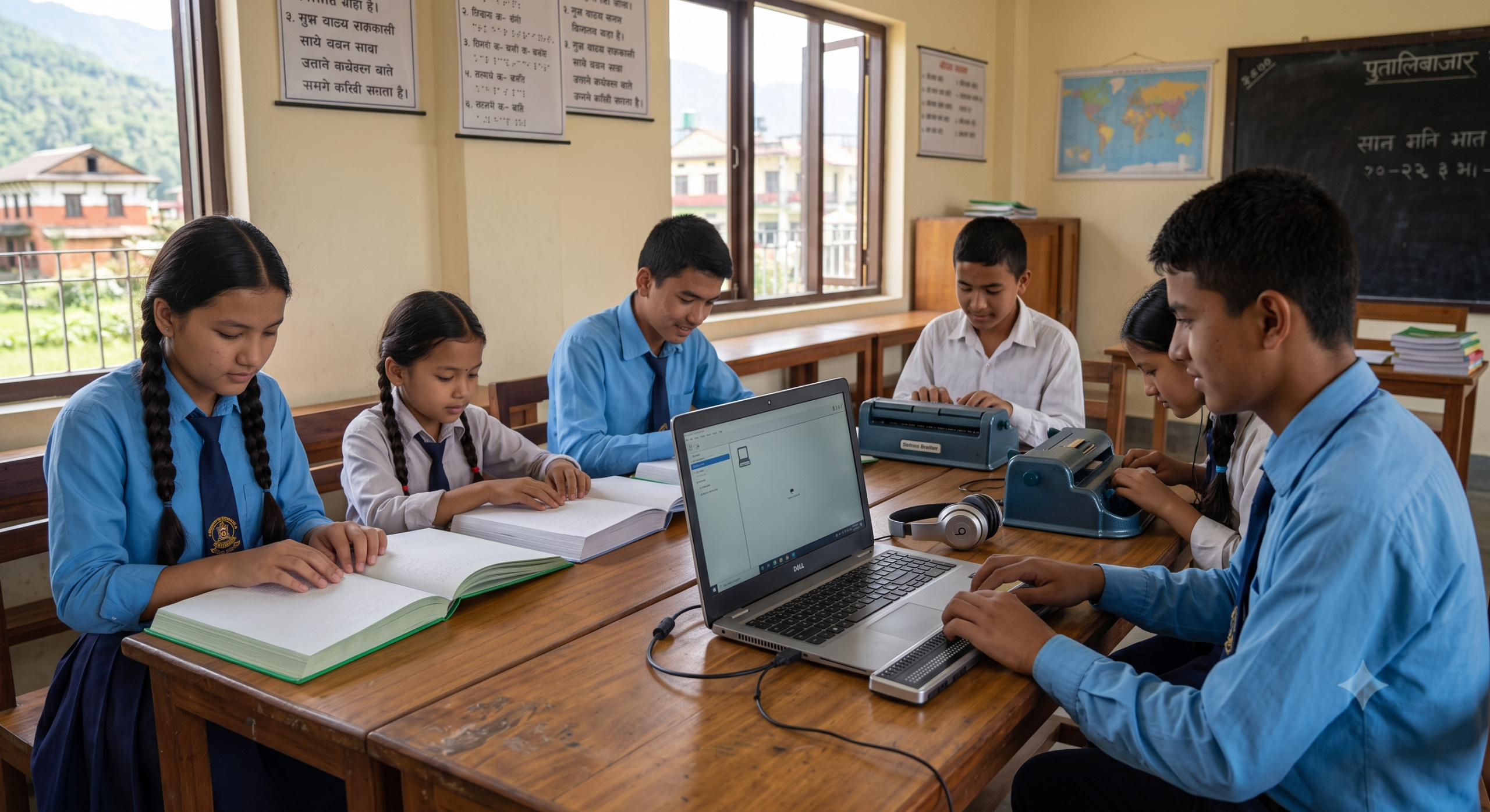 Blind students learning with Braille books and laptop